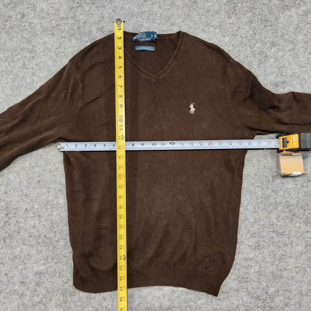 Polo Ralph‎ Lauren PRL Mens M Medium 100% Pima Cotton Knit V Neck Sweater Brown